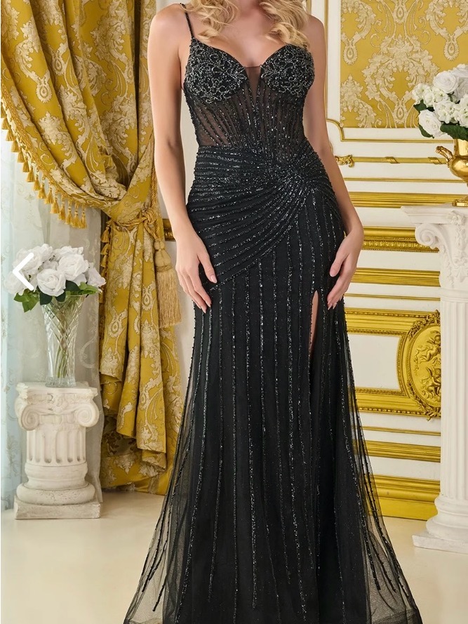 Gls Collective Black Beaded Sheer Bodice Evening Gown